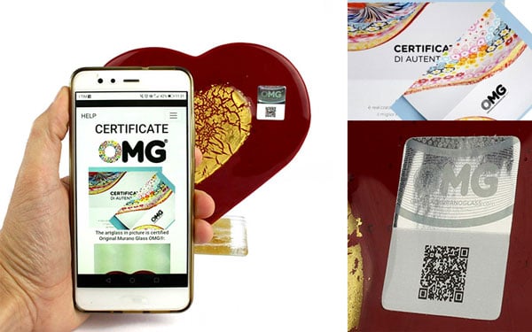 Hologramm-Markenaufkleber als Garantie dafür, dass es sich um ein ORIGINAL MURANO GLASS OMG®-Stück handelt
