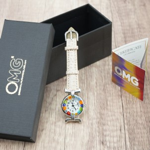 Wristwatch Millefiori - Ivory strap metal chrome case - Original Murano glass OMG