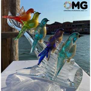 Ramo con Uccellini - decoro in foglia oro - Vetro di Murano Originale OMG