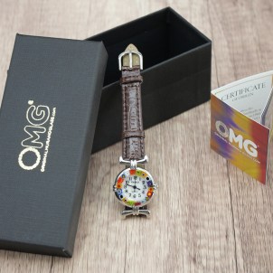 Armbanduhr Millefiori – schokoladenbraunes Armband, Metallgehäuse in Chromoptik – Murano-Glas