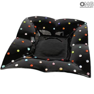 Quadratische Tellerfliege – Leere Taschen – Millefiori Schwarz – Muranoglas