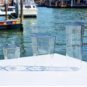 Set of 6 Drinking glasses shot - Blue rim - Esagonal  - Original Murano Glass