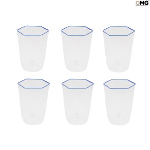 Set of 6 Drinking glasses shot - Blue rim - Esagonal  - Original Murano Glass