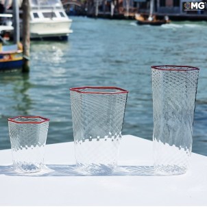 Set of 6 Drinking glasses shot - Red rim - Esagonal - Original Murano Glass