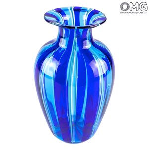 Vaso con Canne blu in vetro di Murano originale soffiato