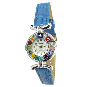 Armbanduhr Millefiori – hellblaues Armband, Metallgehäuse in Chrom – Original Murano-Glas OMG