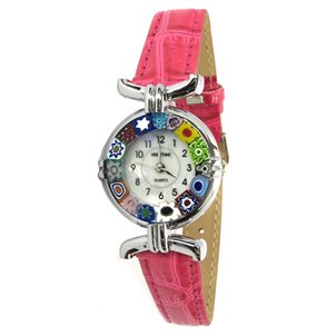 Armbanduhr Millefiori – Armband in Fuchsia und Gehäuse in Chrom – Original Murano-Glas OMG