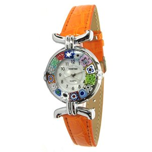 Armbanduhr Millefiori – orangefarbenes Armband und verchromtes Gehäuse – Original Murano-Glas OMG