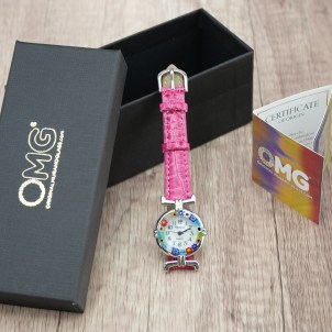 Armbanduhr Millefiori – violettes Armband, Metallgehäuse in Chrom – Original Murano-Glas OMG